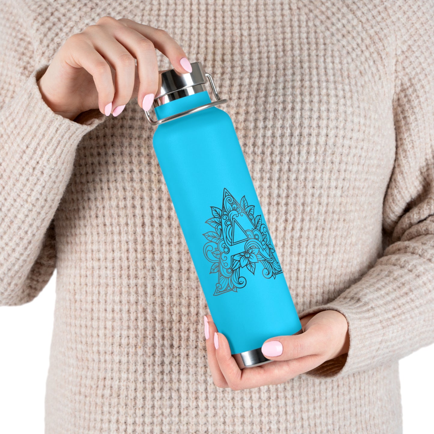Boho Art Cold Drink Tumbler- Letter A, Personalized Water Bottle, Yoga Gift, Stylish Insulated Flask
