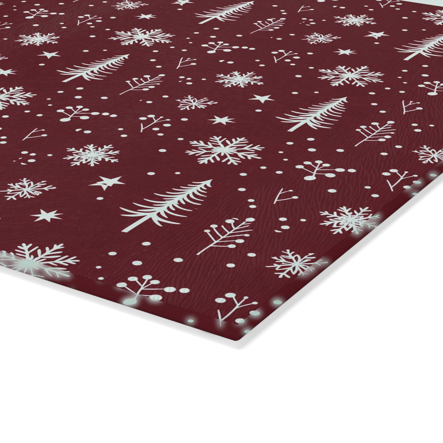 Holiday Snowflake & Pine Glass Cutting Board — Festive Winter Kitchen Decor