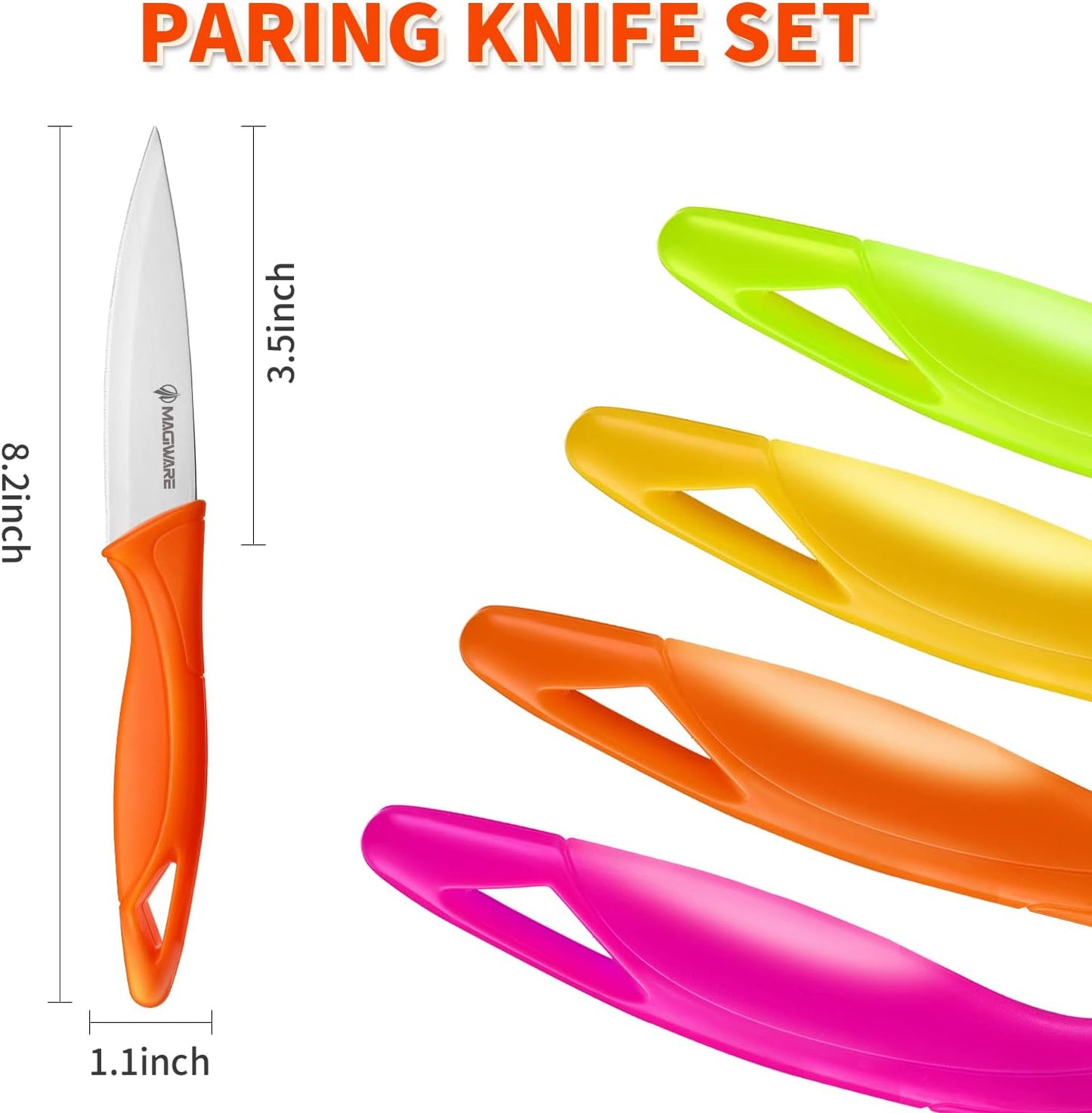 Magiware Paring Knife, 8PCS Paring Knife Set with Cover, Small Kitchen Vegetable Fruit Knives, 3.5 Inch Ultra Sharp PP Handle