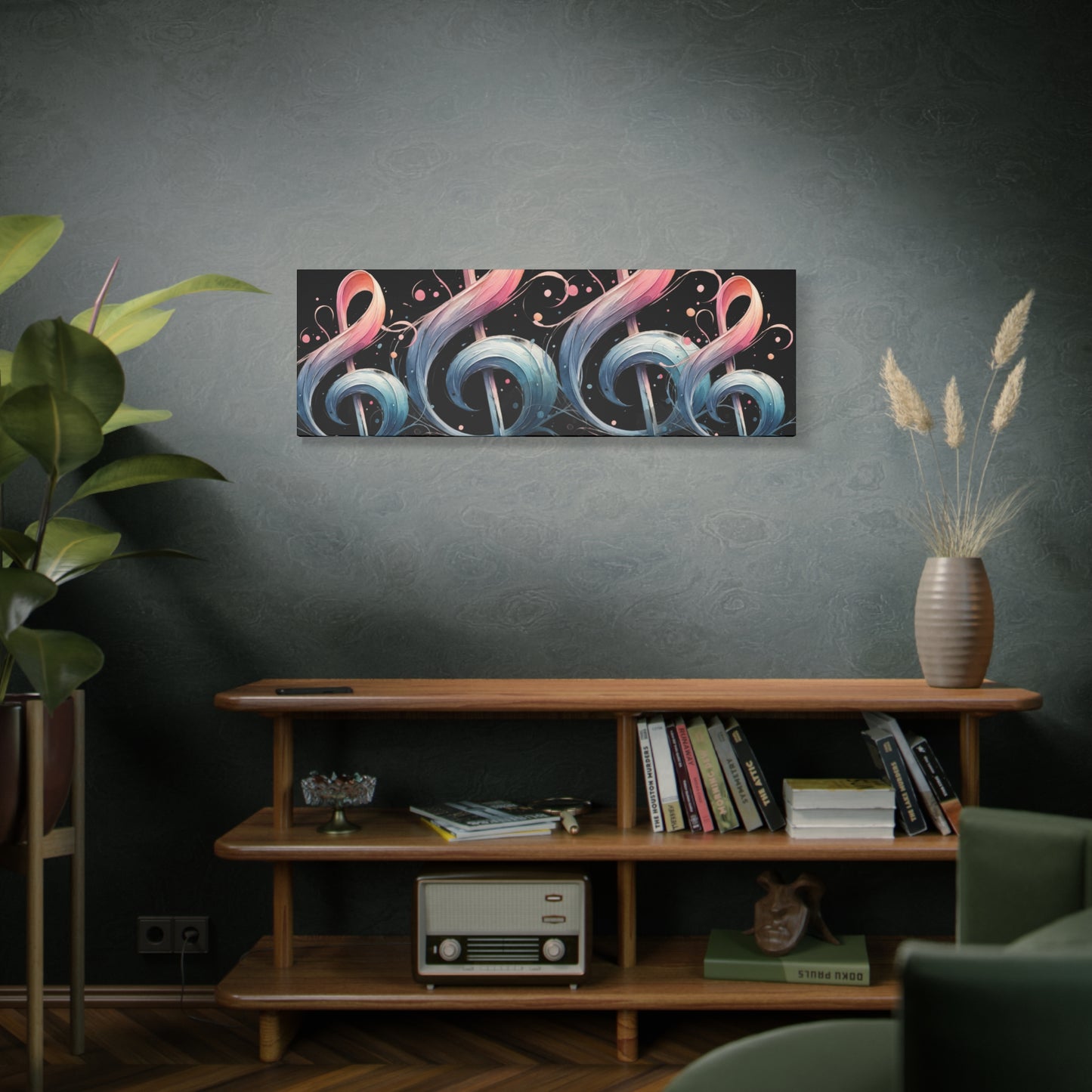 Musical Treble Clef Canvas Wall Art — Pastel Ribbon Notes on Black