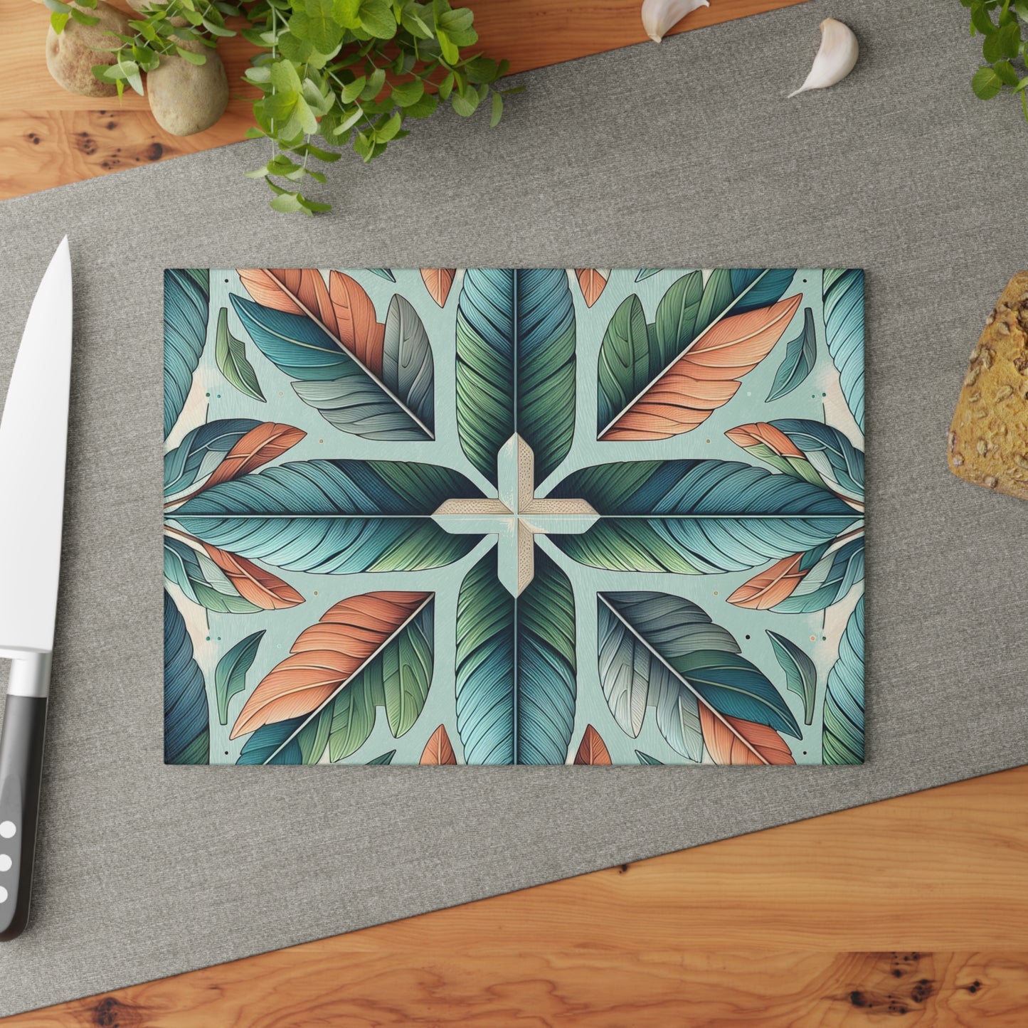 Tropical Leaf Glass Cutting Board — Botanical Decorative Kitchen Board