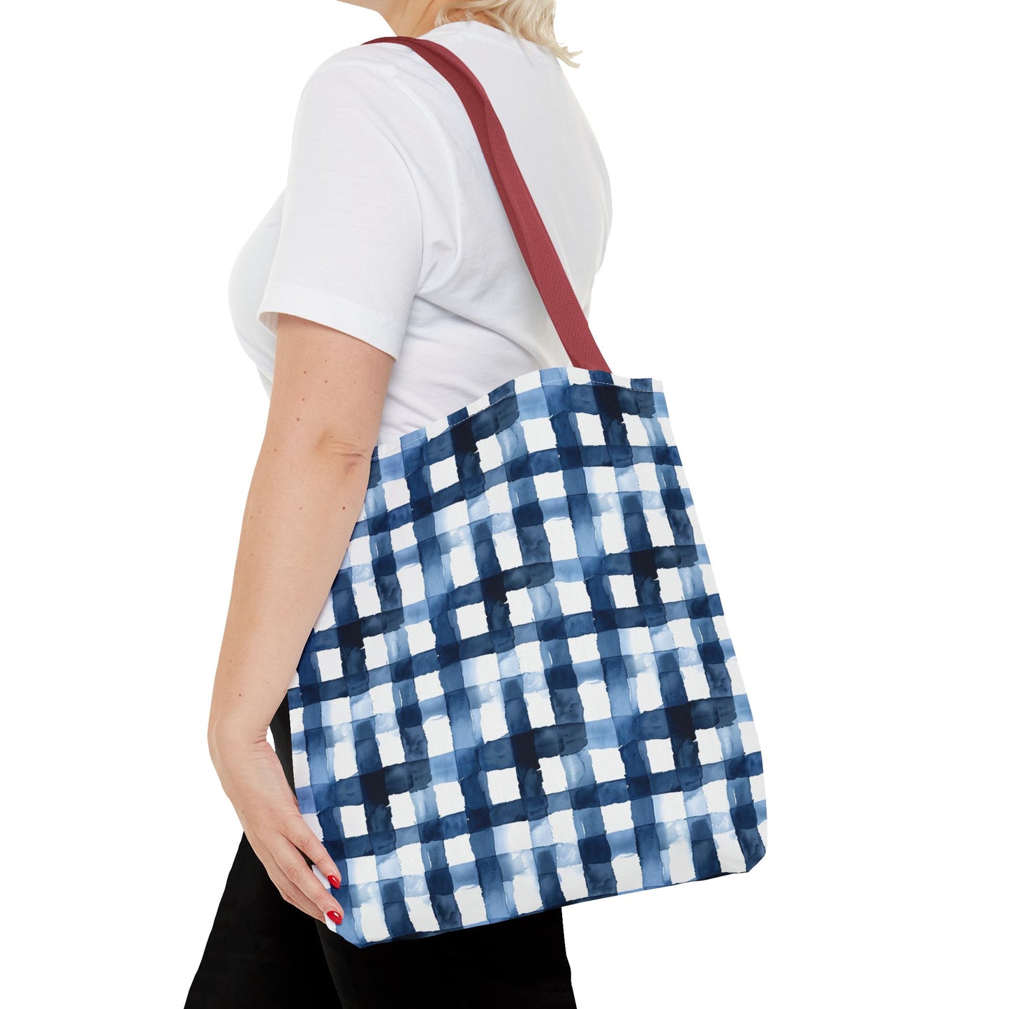 Blue Watercolor Plaid Tote Bag — Navy Check Pattern All-Over Print