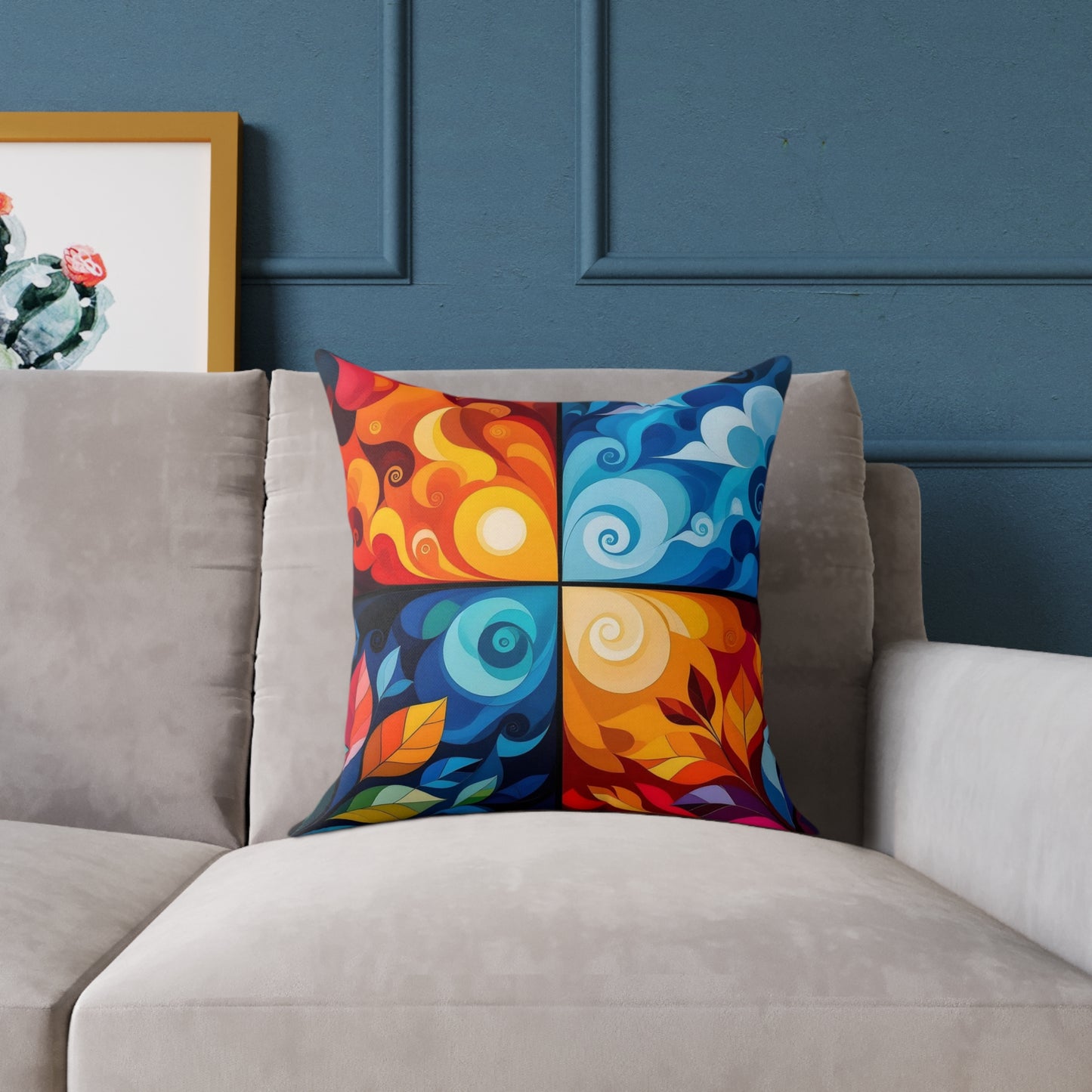 Abstract Seasons Square Pillow — Colorful Four-Panel Decorative Throw Pillow