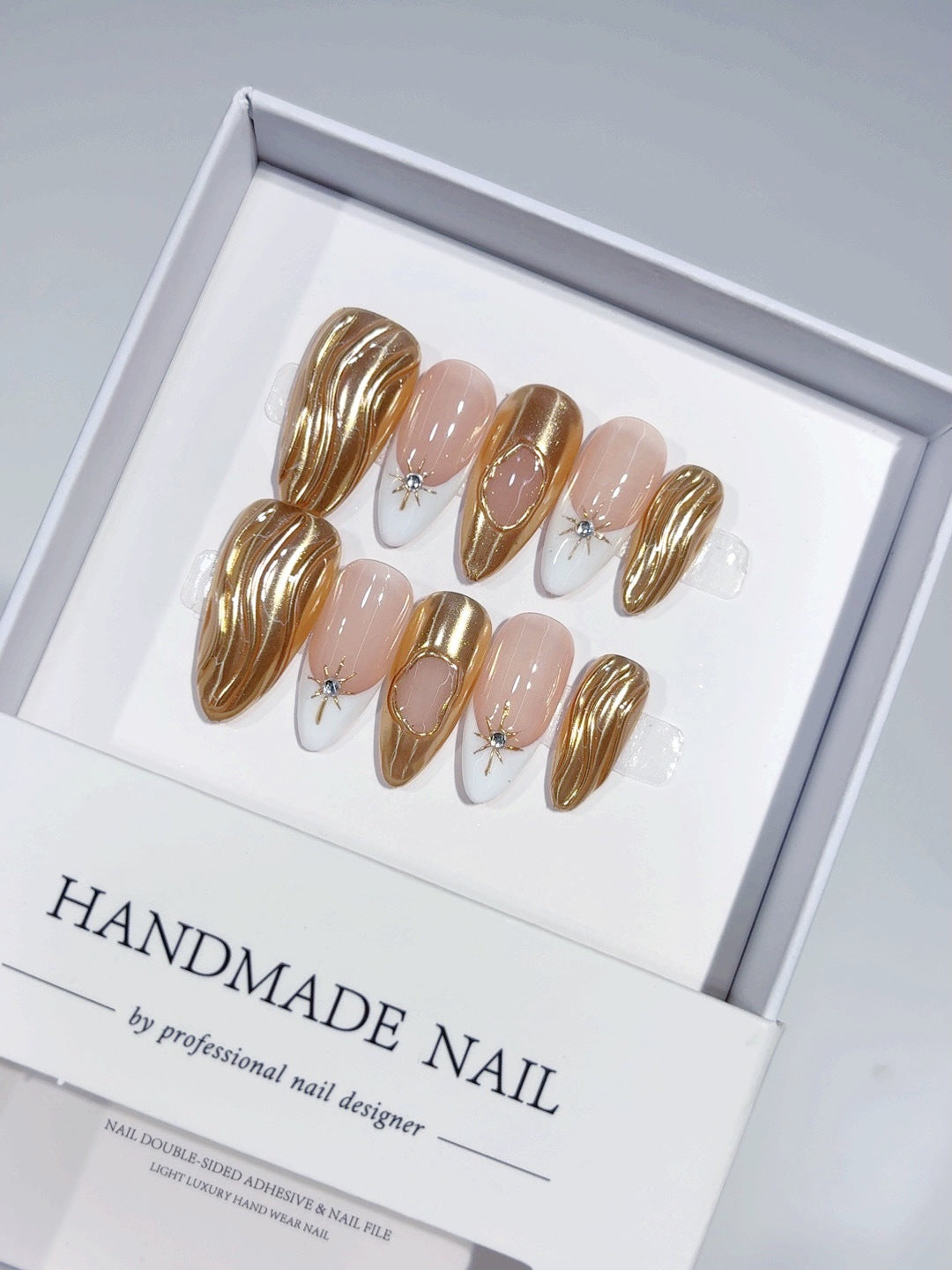 Liquid Gold: "Gilded Wave" – Almond Shape Handmade Press-On Nails – Image 6