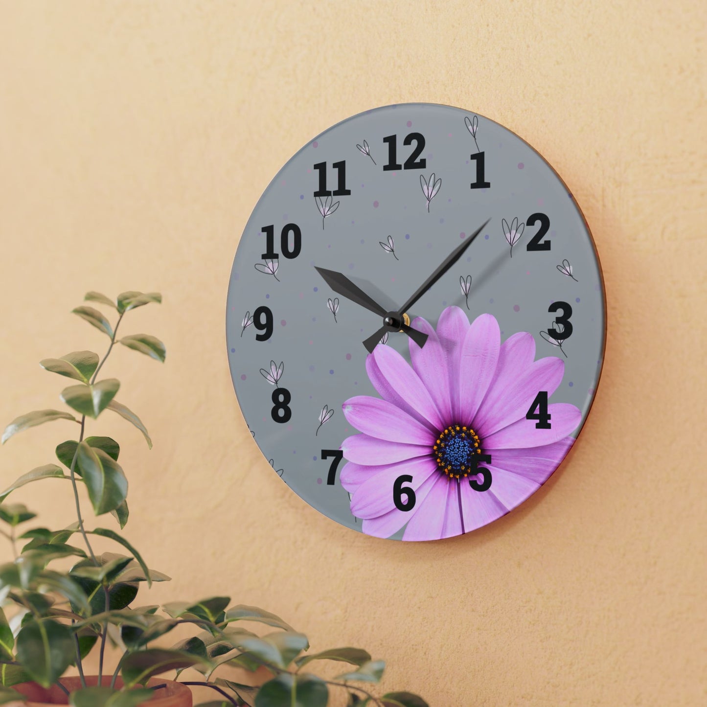 Floral Acrylic Wall Clock Spring Decor, Home Office Accessory