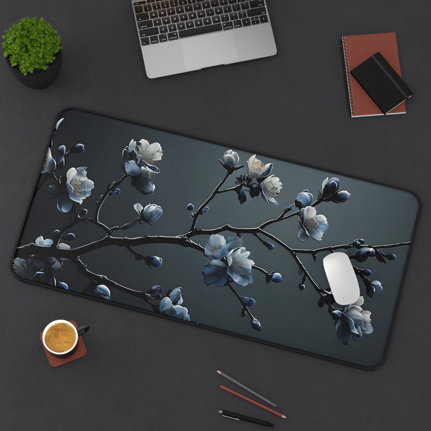 Floral Branch Desk Mat — Dark Blue Cherry Blossom Mouse Pad