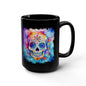 15oz Black Mug — Colorful Watercolor Sugar Skull Coffee Cup