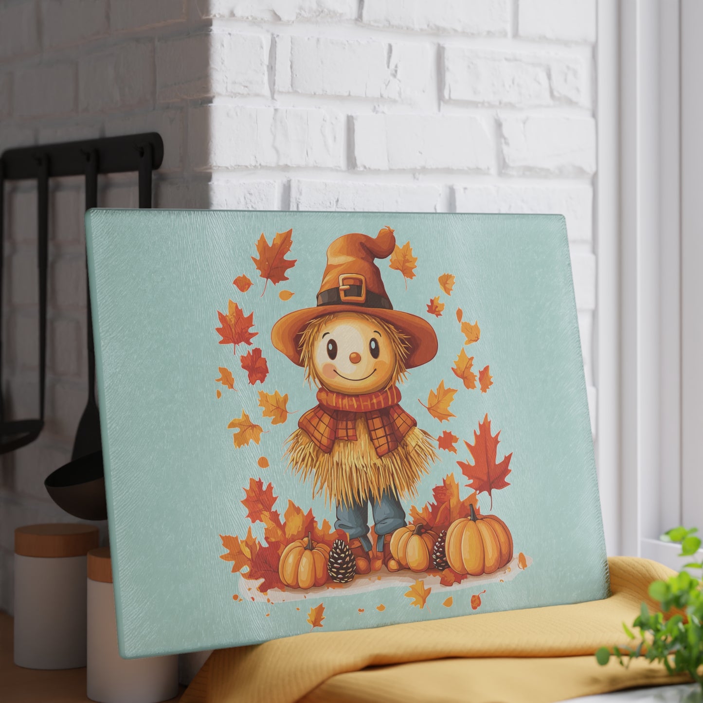 Autumn Scarecrow Glass Cutting Board, Fall Kitchen Decor, Thanksgiving Gift, Food Prep Surface, Harvest Homeware, Seasonal Cooking Tool