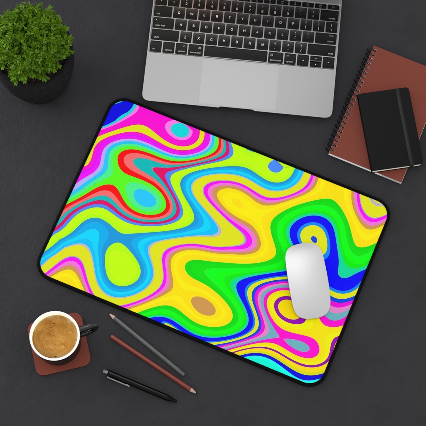 Psychedelic Swirl Desk Mat — Bright Retro Abstract Mouse Pad