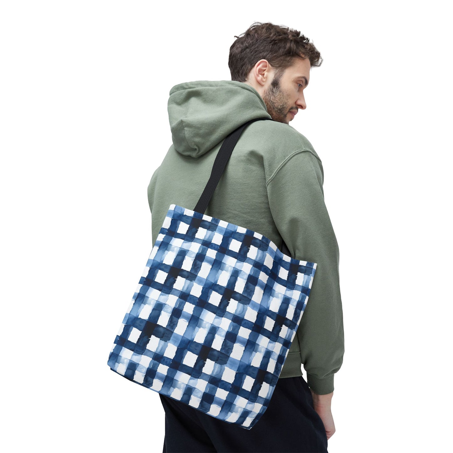 Blue Watercolor Plaid Tote Bag — Navy Check Pattern All-Over Print