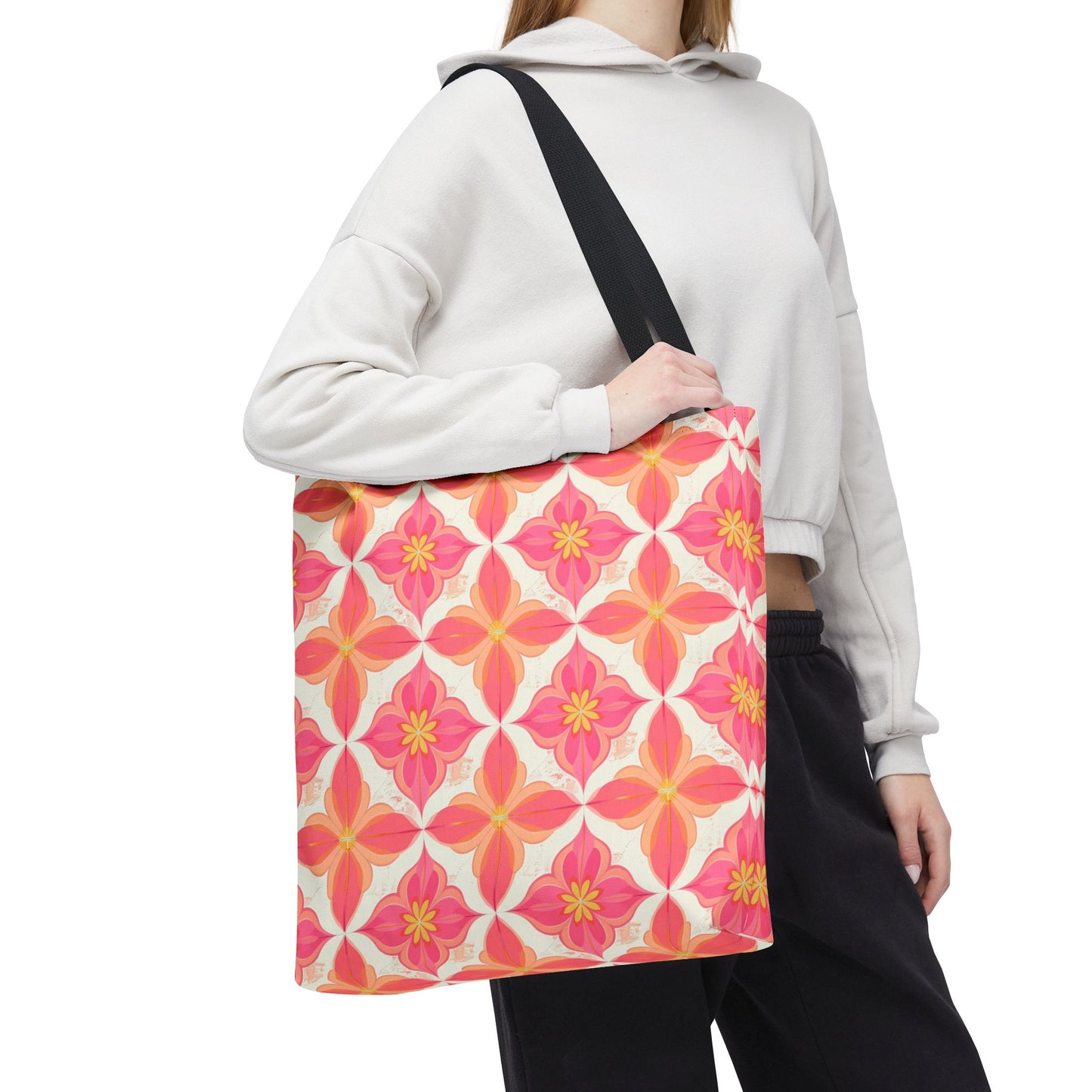 Pink Floral Geometric Tote Bag — All-Over Print Reusable Shopper