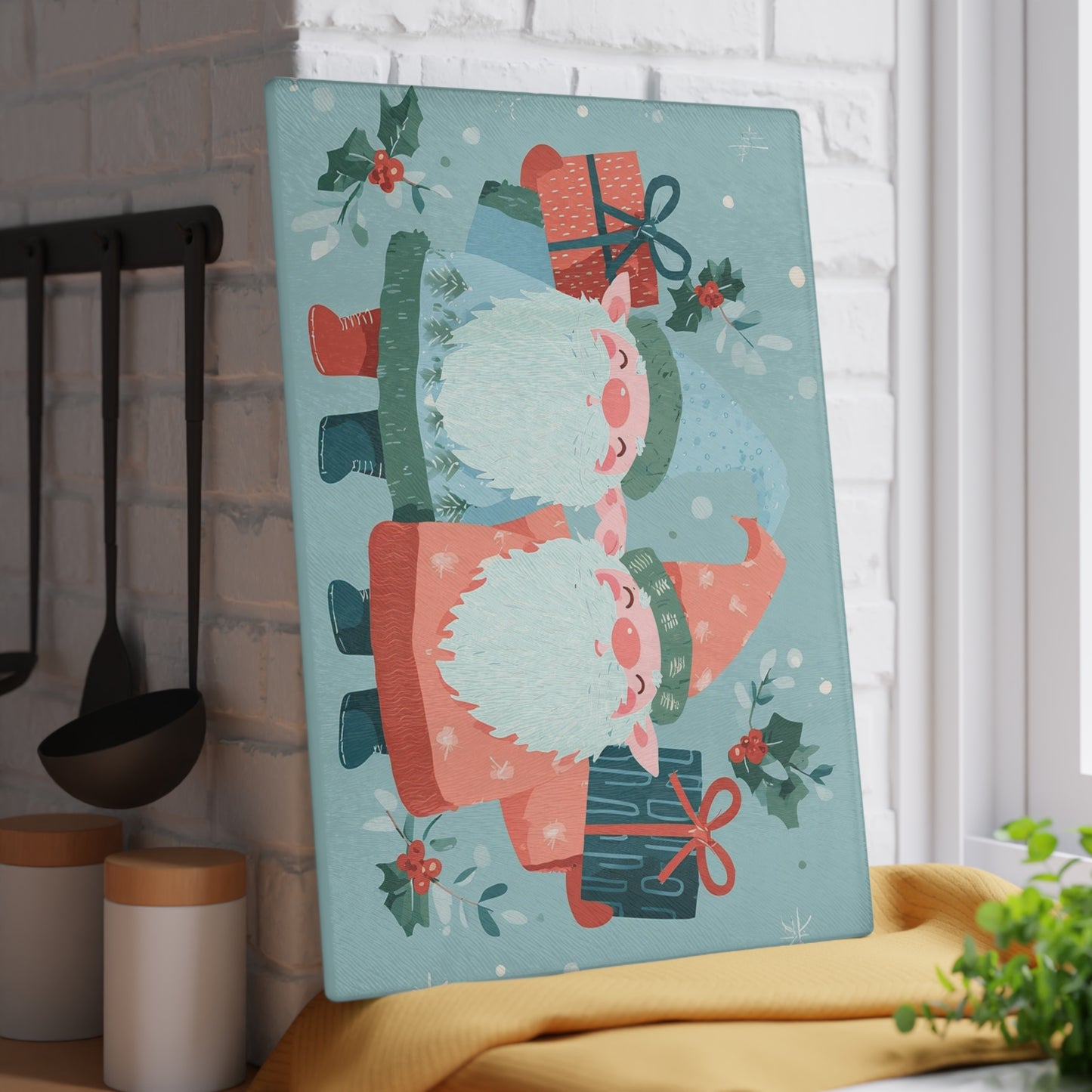 Christmas Gnome Glass Cutting Board, Holiday Kitchen Decor, Gift for Foodies, Gnome Lover Gift, Festive Kitchen Accessory