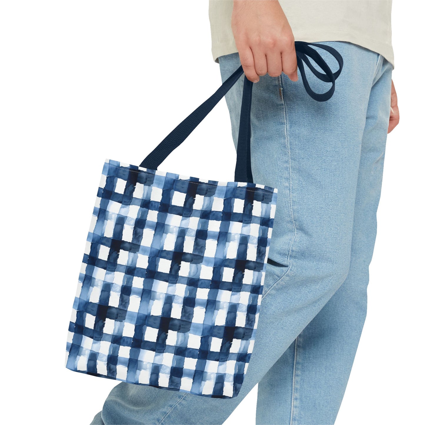 Blue Watercolor Plaid Tote Bag — Navy Check Pattern All-Over Print