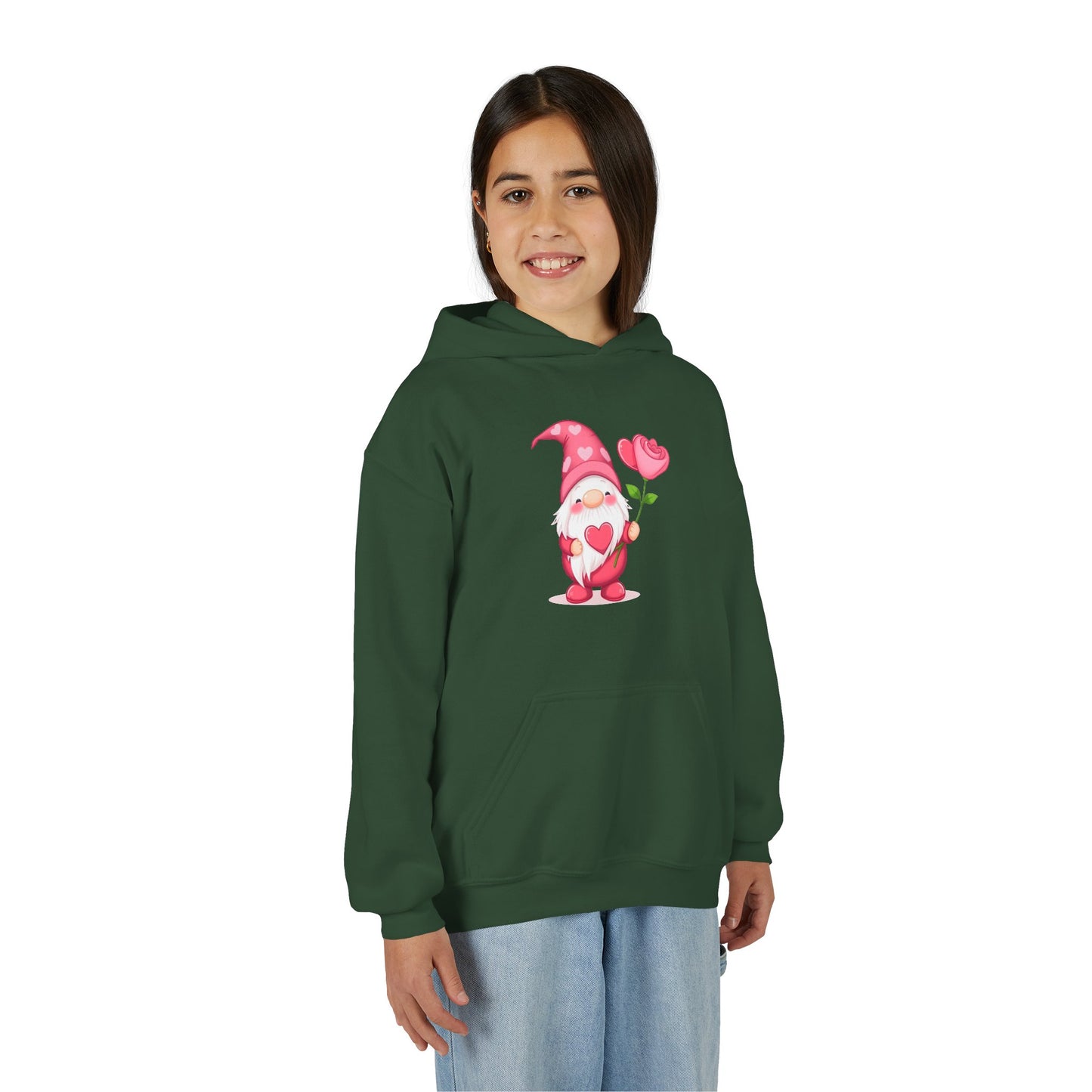 Valentine Gnome Kids Hoodie — Cute Pink Gnome Holding Rose Youth Sweatshirt