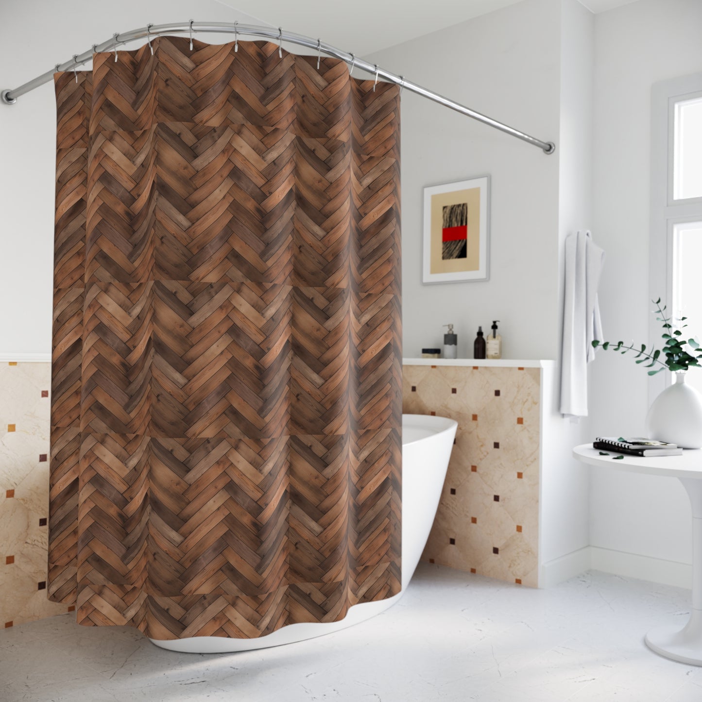 Rustic Wood Herringbone Shower Curtain, Farmhouse Decor, Boho Bathroom, Natural Vibe, Home Decor, Unique Gift
