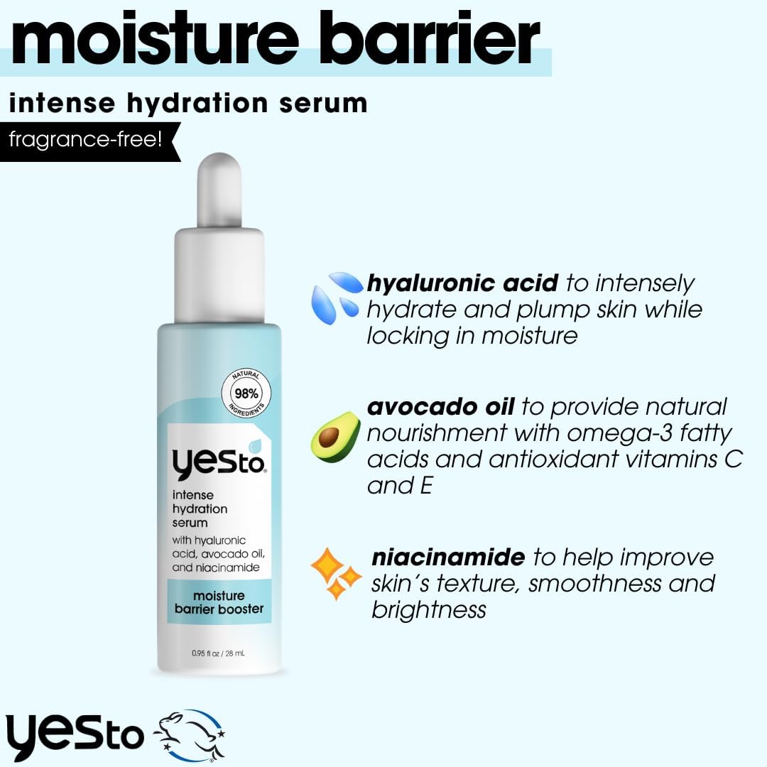 Yes To Intense Hydration Serum, Locks In Moisture and Helps Support Skin's Barrier Against Environmental Damage, Hyaluronic Acid, Avocado Oil and Vitamin B, Natural, Vegan & Cruelty Free, 0.95 Fl Oz