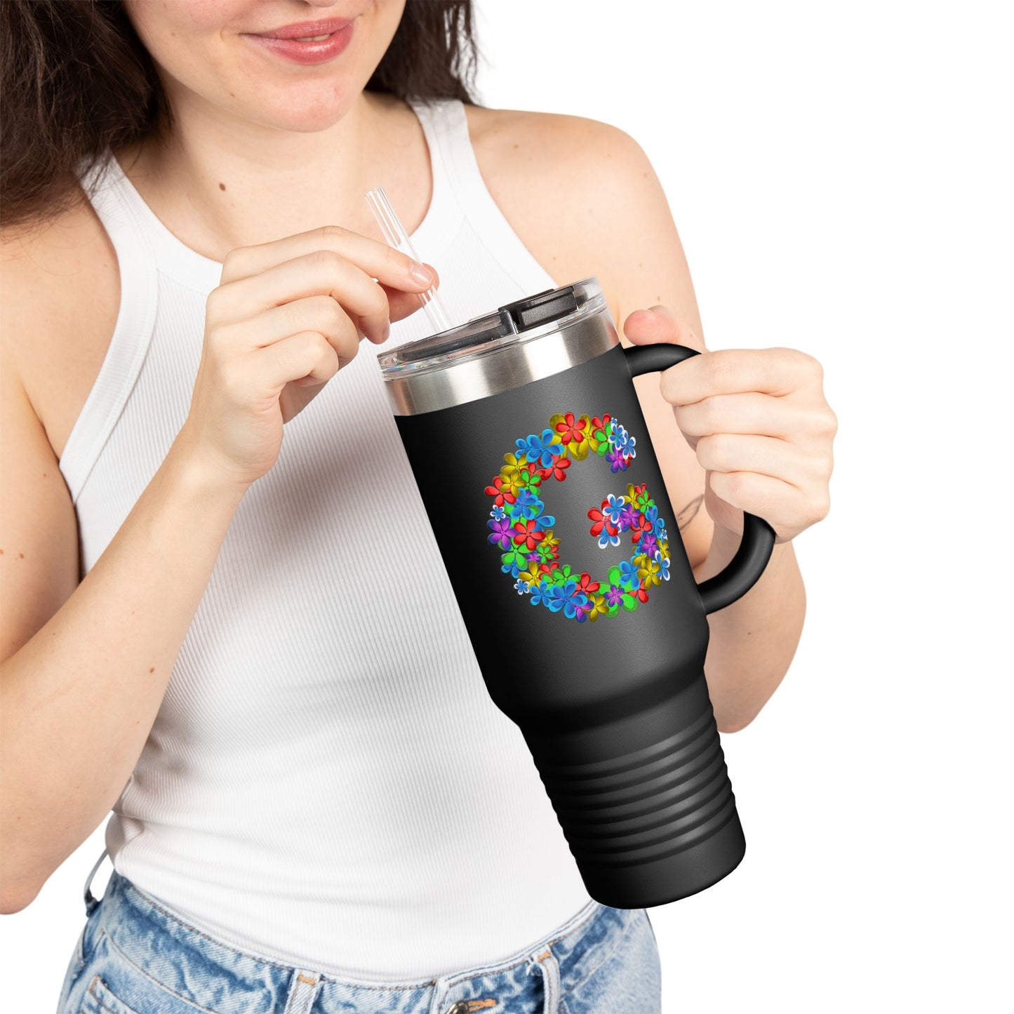 Vibrant Floral Insulated Travel Mug, Perfect for On-the-Go- Letter G