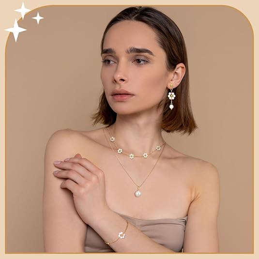 Tondiamo 5 Pcs Gold Jewelry Set for Women Daisy Pearl Jewelry Wedding Pearl