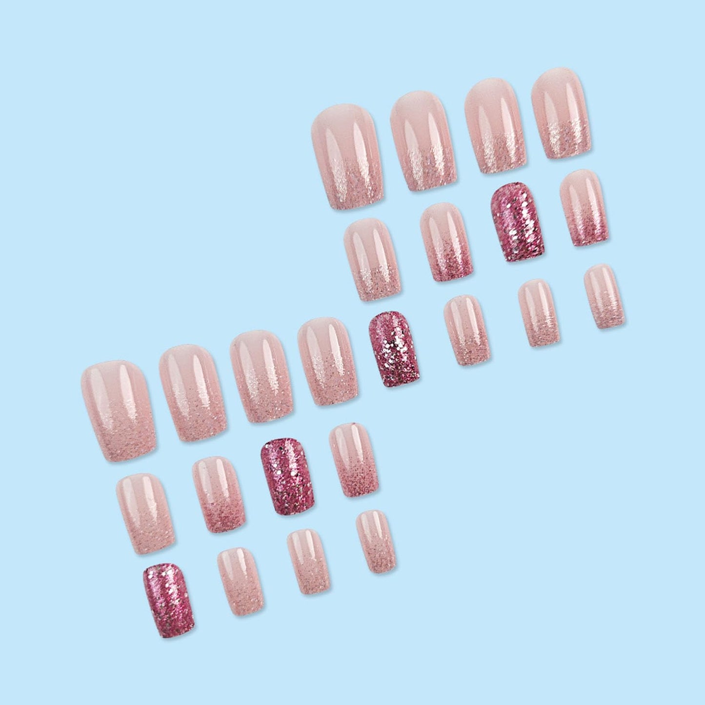 24 Pcs Press on Nails Short Square - ZIFANHU Pink Ombre Fake Nails Press ons Nail Art Tips Full Cover Acrylic Glitter False Nails with Glossy Design Glue on Nails Stick on Nails Kit for Women