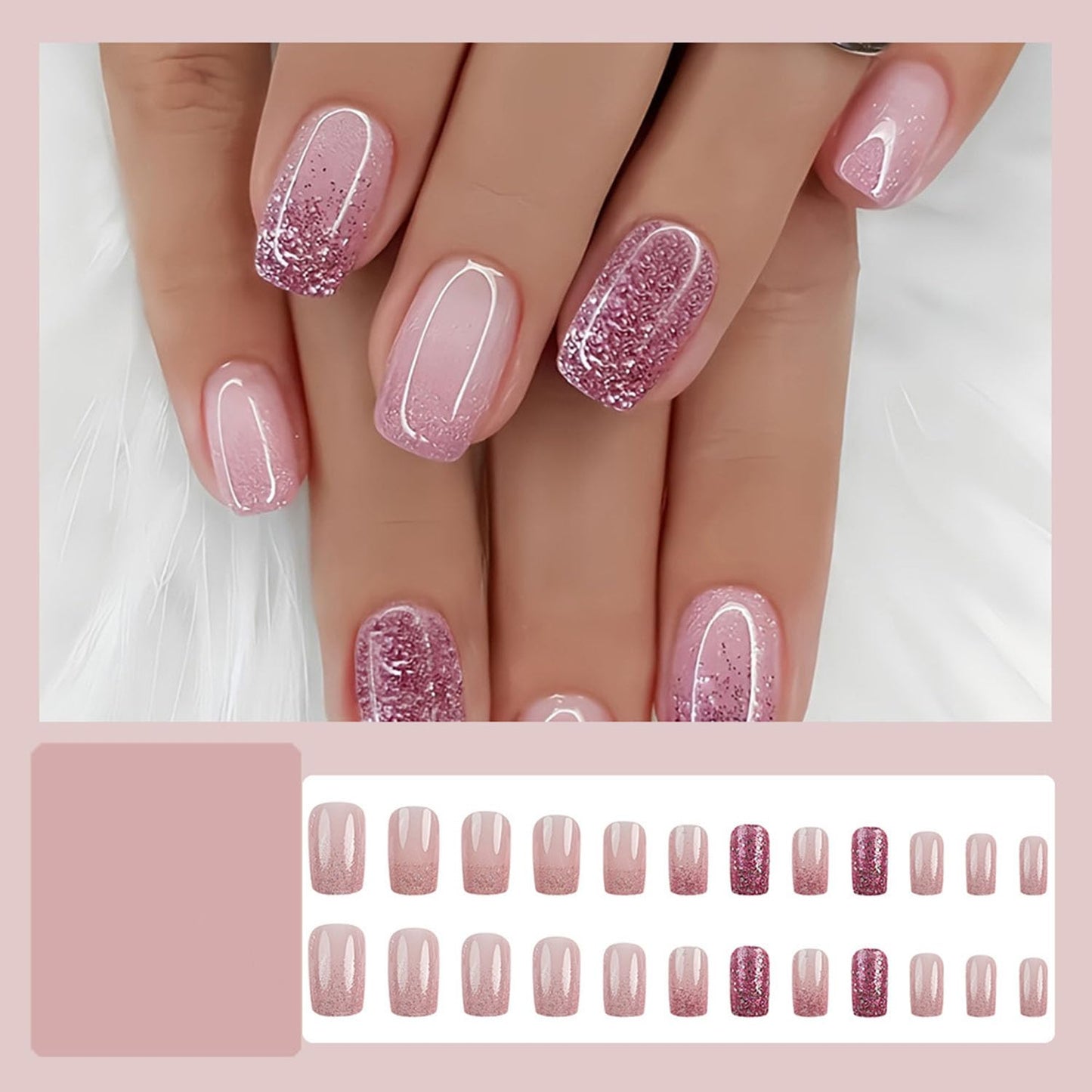 24 Pcs Press on Nails Short Square - ZIFANHU Pink Ombre Fake Nails Press ons Nail Art Tips Full Cover Acrylic Glitter False Nails with Glossy Design Glue on Nails Stick on Nails Kit for Women