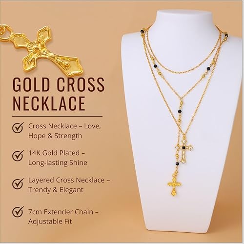 4PCS Layered Gold Cross Necklaces for Women Trendy, Bohemian Bead Pearl Y Long Pendant Necklace Set, Vintage Rosary Necklace Stack Adjustable Length