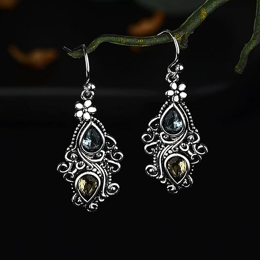 Bohemian Vintage Silver Openwork Teardrop Dangle Earrings - Women's Crystal