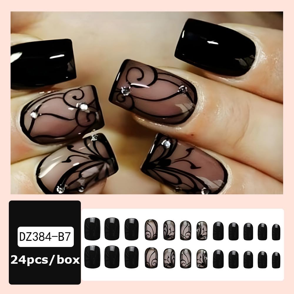 Black Press on Nails Short Square Fake Nails Black Vine Acrylic Glue on Nails Full Cover Glossy Nails Press ons Short Stick on Nails Summer Artificial Nails for Women Girls - 24Pcs