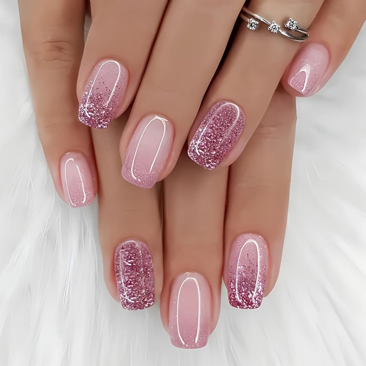 24 Pcs Press on Nails Short Square - ZIFANHU Pink Ombre Fake Nails Press ons Nail Art Tips Full Cover Acrylic Glitter False Nails with Glossy Design Glue on Nails Stick on Nails Kit for Women
