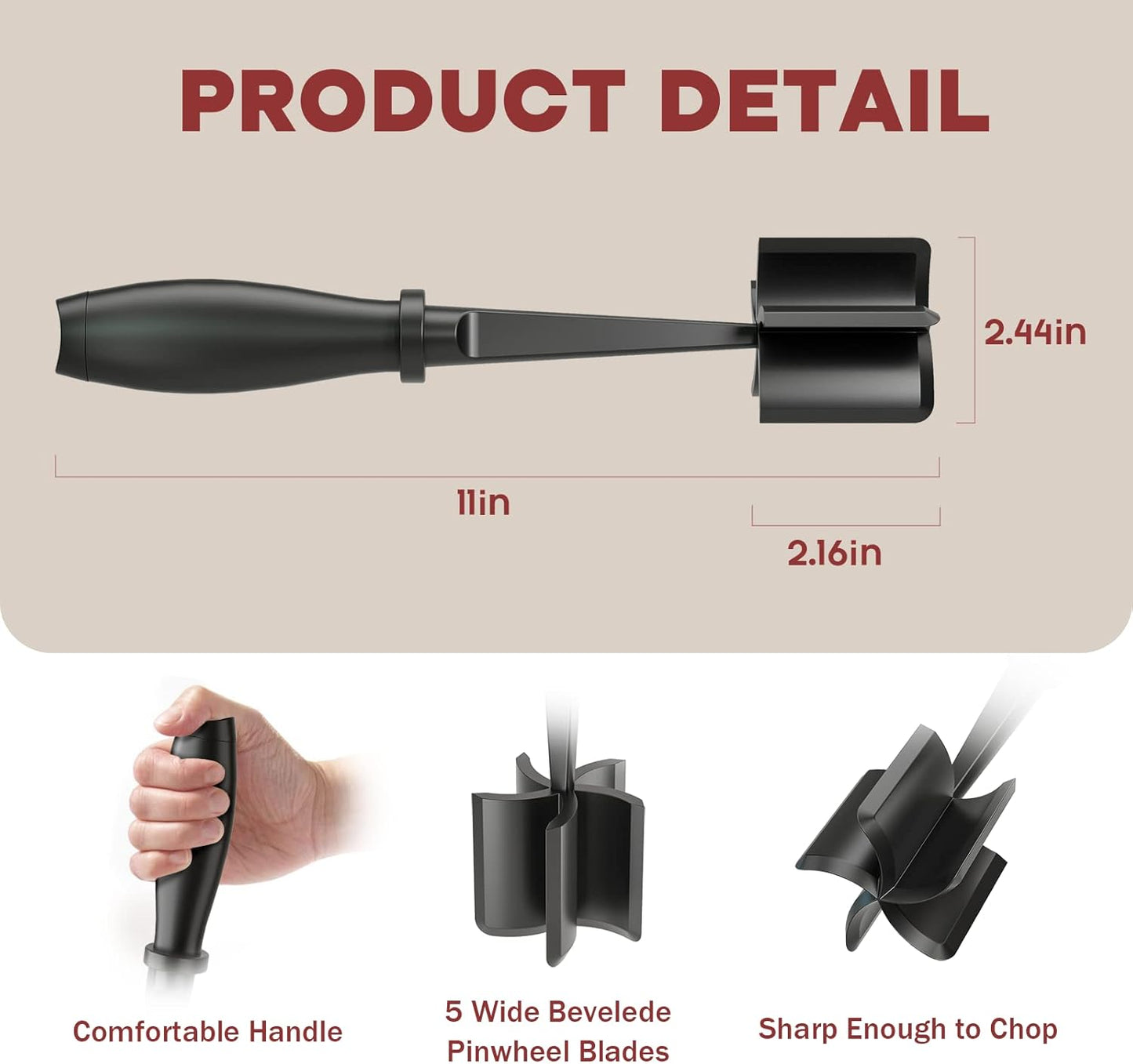 Meat Chopper, Hamburger Grinder, Premium Heat Resistant Smasher for Ground Beef, Burger Grinder Nylon Potato Mix Tool, Meat & Poultry Tenderizers-Black