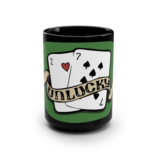 Unlucky Cards Black 15oz Mug — Retro Tattoo-Style Playing Cards Design