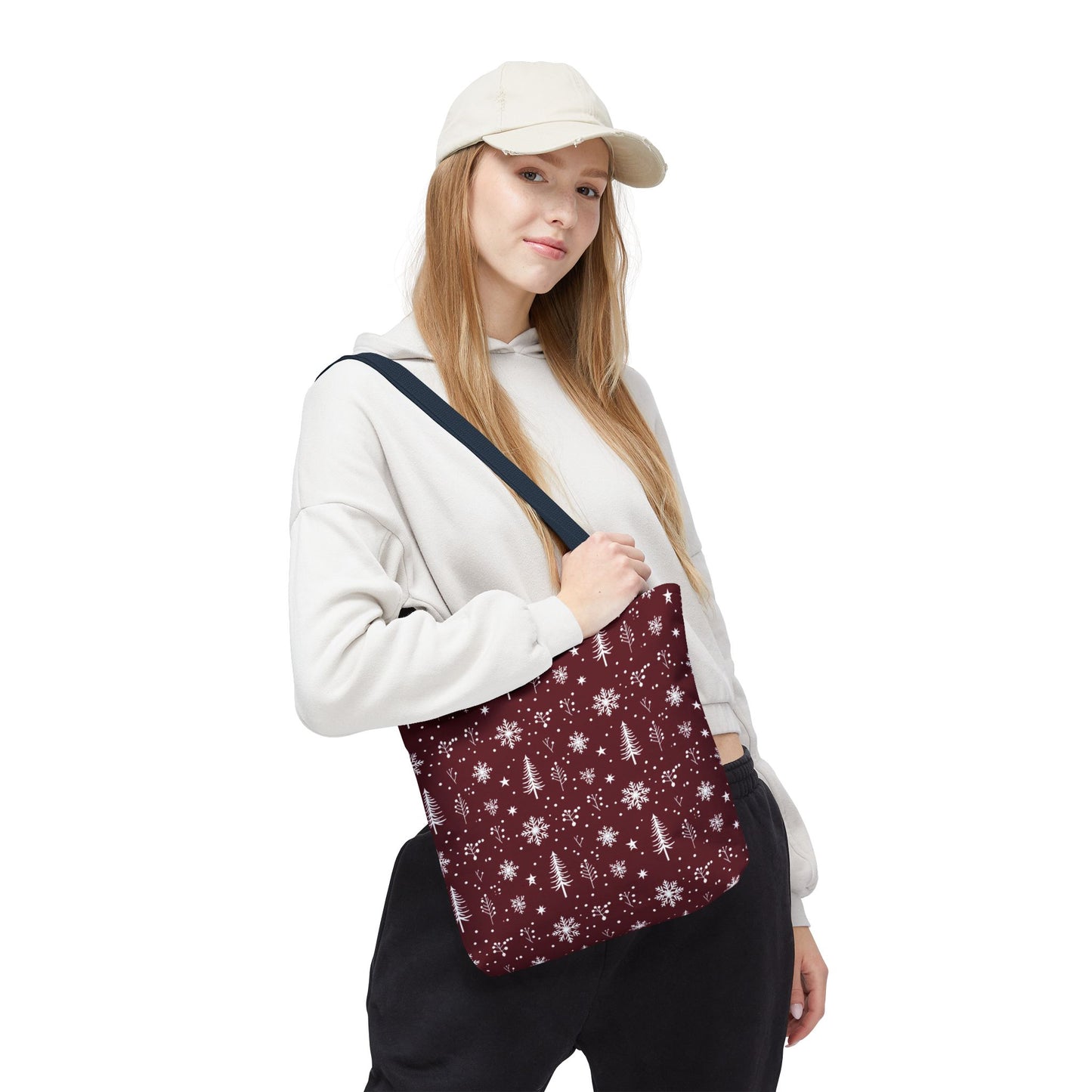 Christmas Snowflake Tote Bag – Burgundy Holiday Patterned Carryall