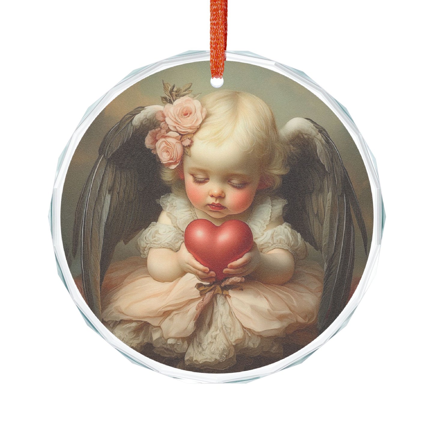 Heart-Shaped Crystal Ornament, Cherubic Decor, Valentine's Gift, Home Decoration, Christmas Tree Ornament, Romantic Keepsake