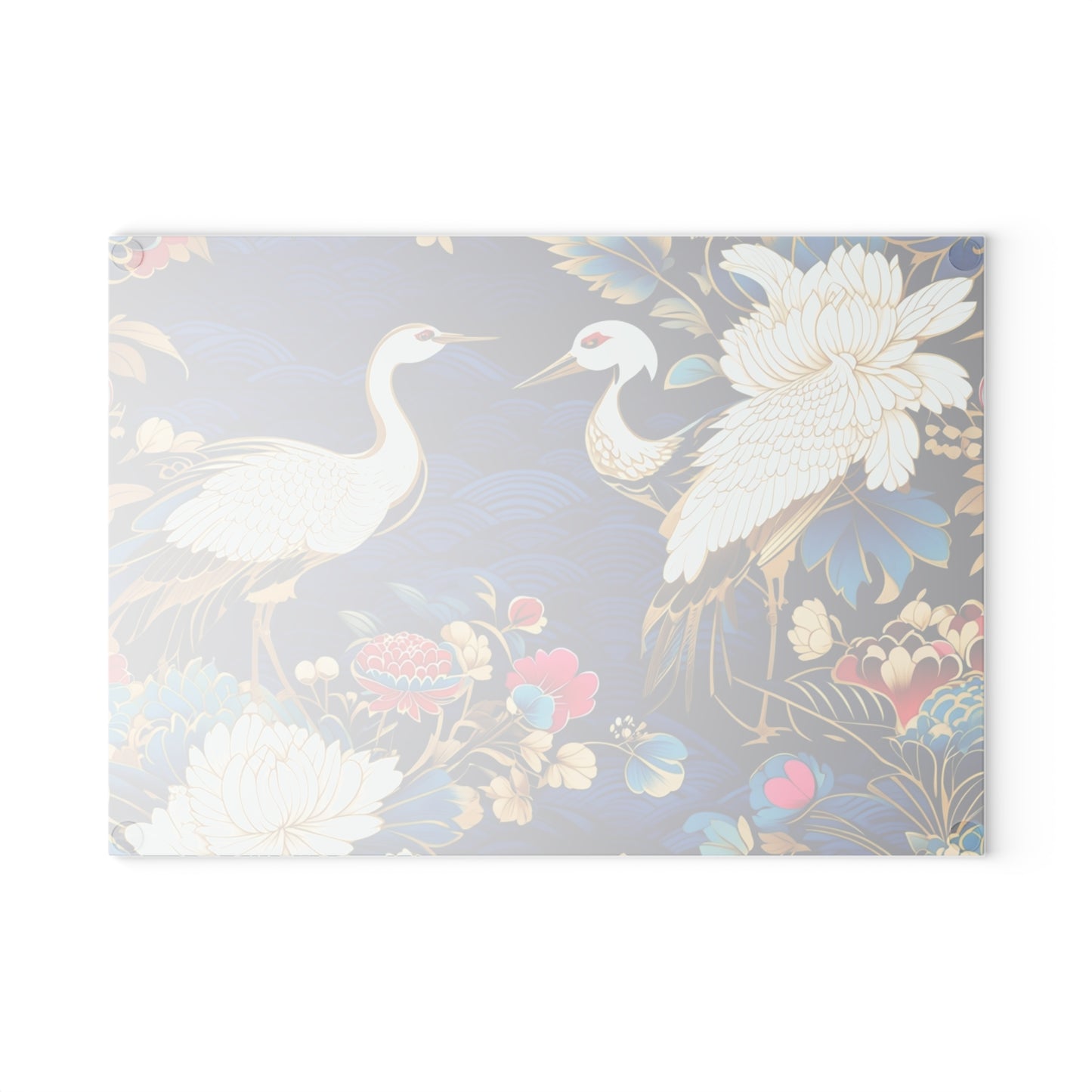 Glass Cutting Board - Elegant Japanese Crane & Peony Floral Pattern