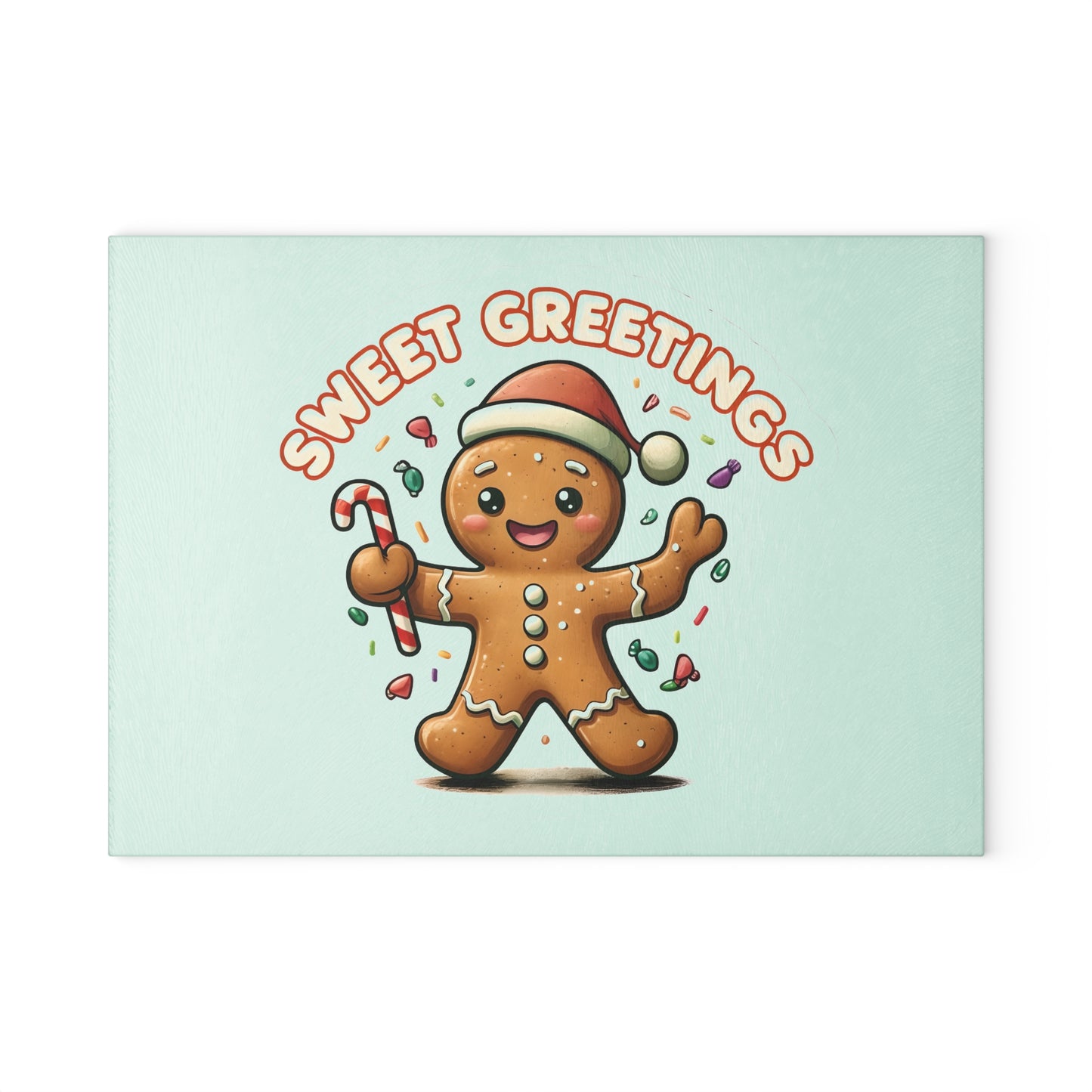 Gingerbread "Sweet Greetings" Glass Cutting Board — Festive Holiday Kitchen Decor