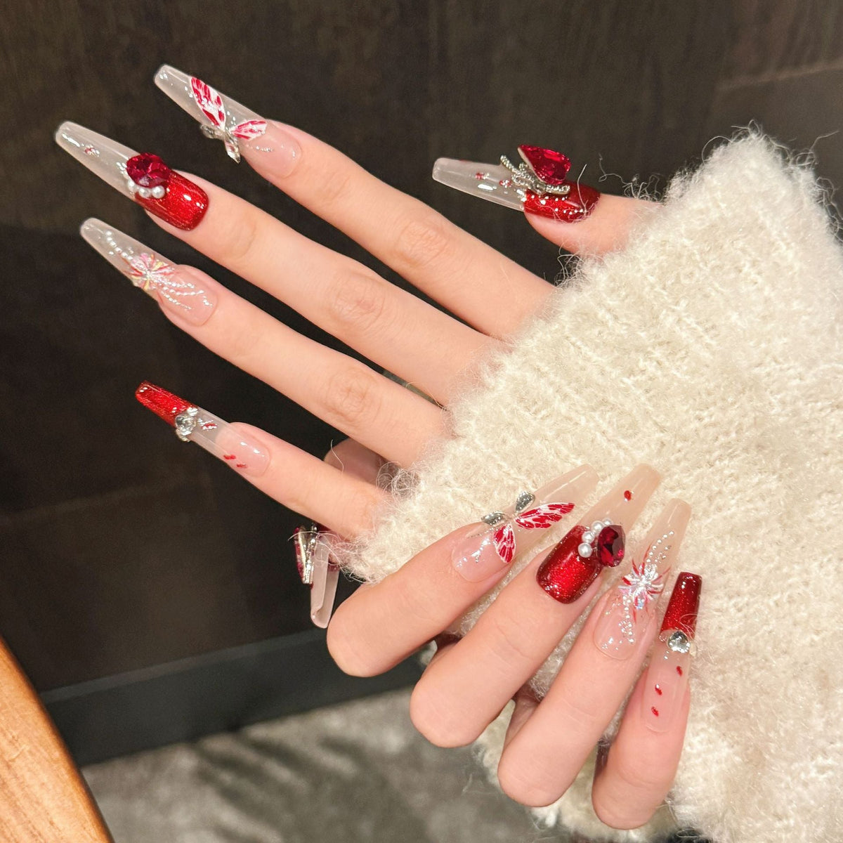 365nails: "Crimson Blossom" – Hand-Painted Floral & Gemstone Accents Press-On Nails Coffin Nails – Image 3