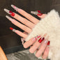 365nails: "Crimson Blossom" – Hand-Painted Floral & Gemstone Accents Press-On Nails Coffin Nails – Image 3