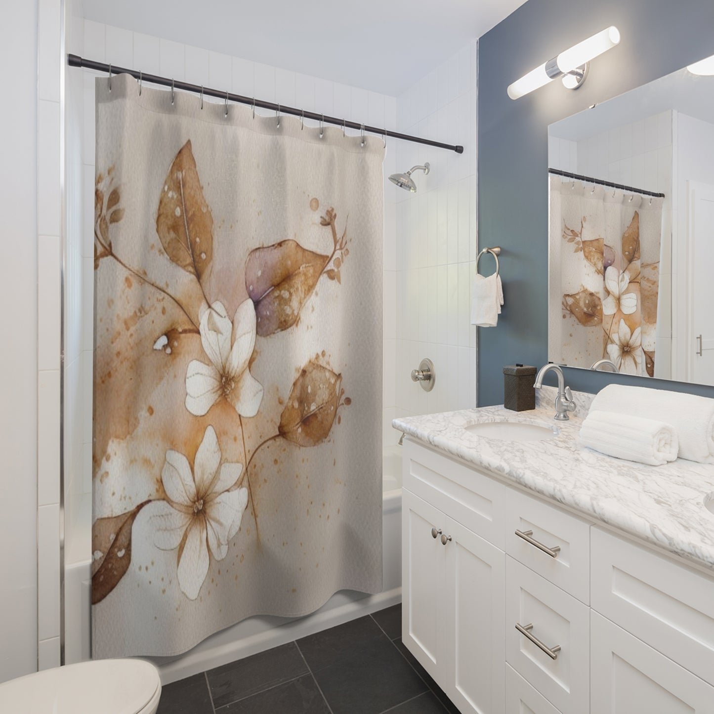 Botanical Floral Shower Curtain — Watercolor Magnolia Design