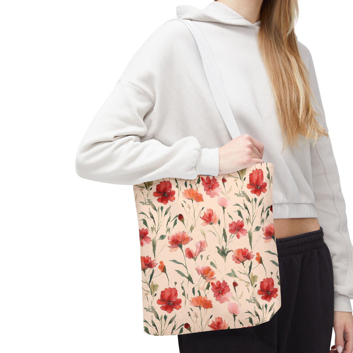 Floral Watercolor Tote Bag — Pink Red Poppy Pattern All-Over Print