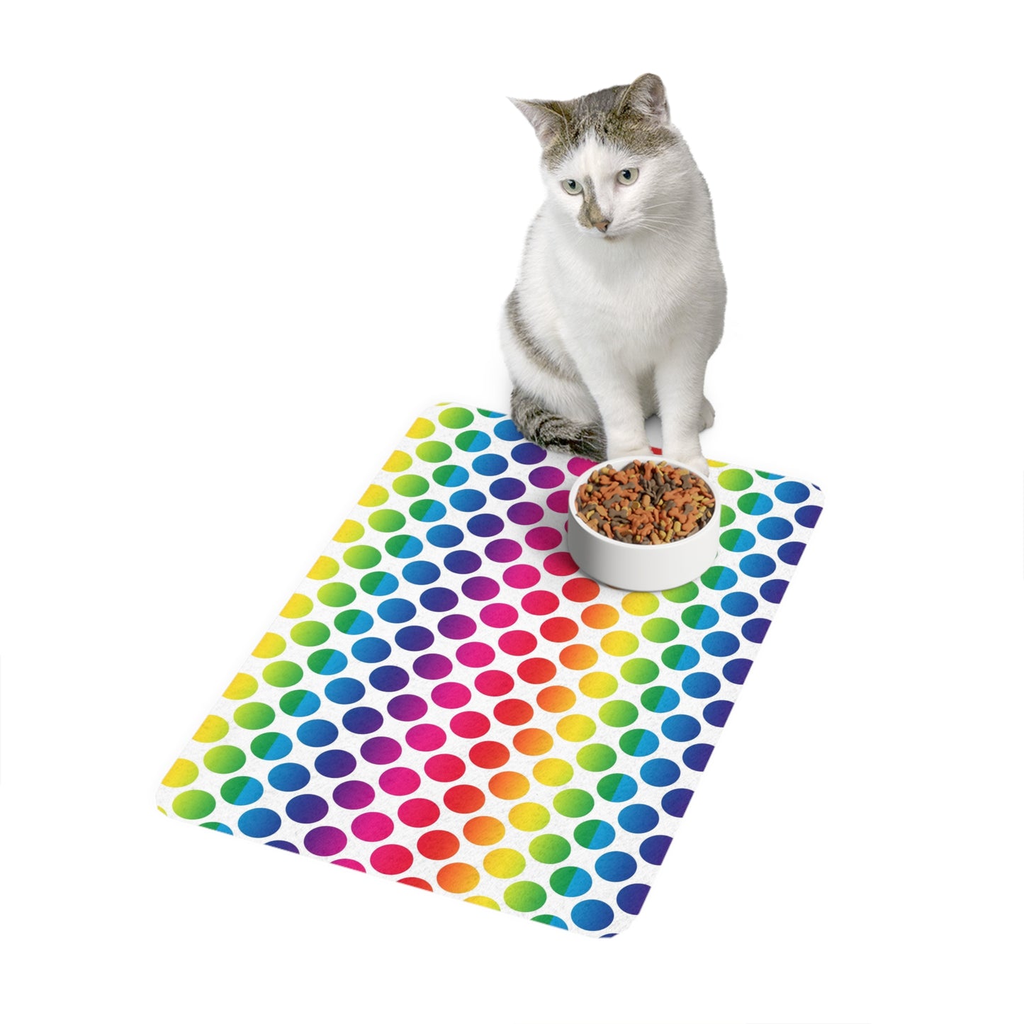 Rainbow Polka Dot Pet Food Mat (12x18) — Non-Slip Feeding Placemat for Cats & Dogs