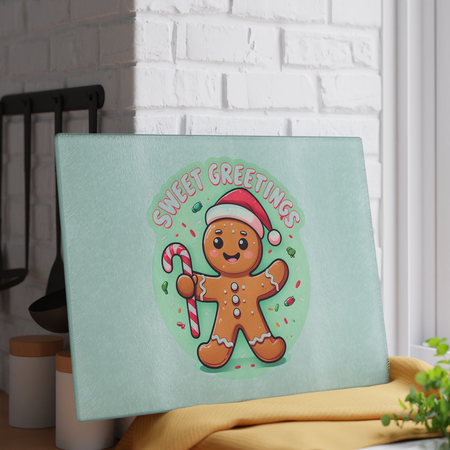 Glass Cutting Board – 'Sweet Greetings' Gingerbread Holiday Kitchen Board