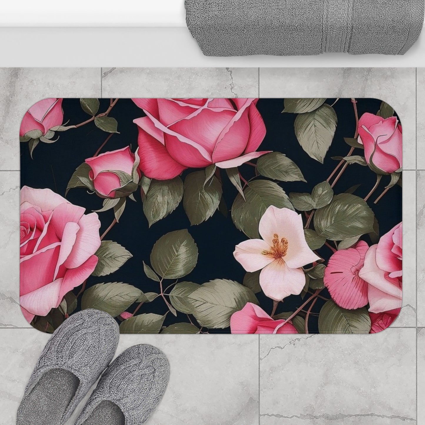 Elegant Floral Bath Mat for Relaxing Bathrooms, Rose Bath Decor, Home Spa Accessory, Mother's Day Gift, Artisan Bathroom Rug