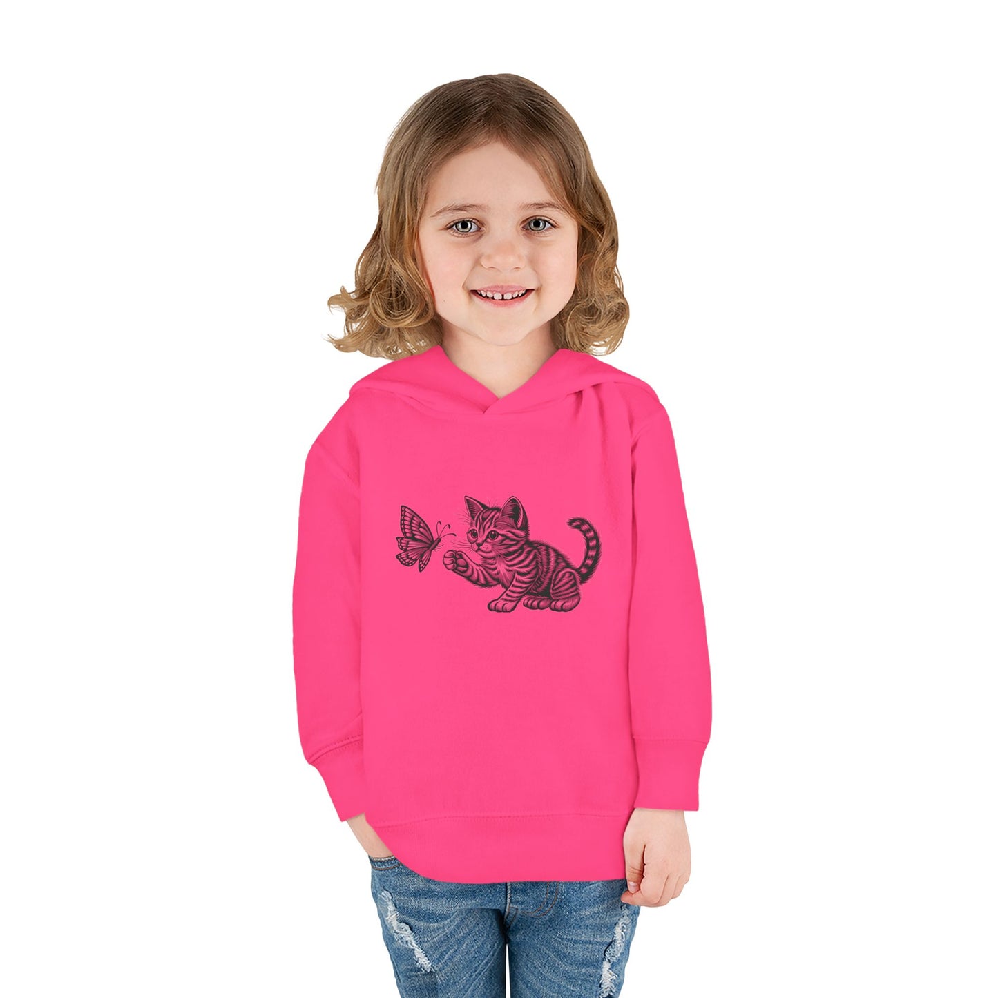 Cute Cat and Butterfly Toddler Hoodie, Toddler Pullover, Kids Fleece Hoodie, Animal Lover Gift, Playtime Pullover