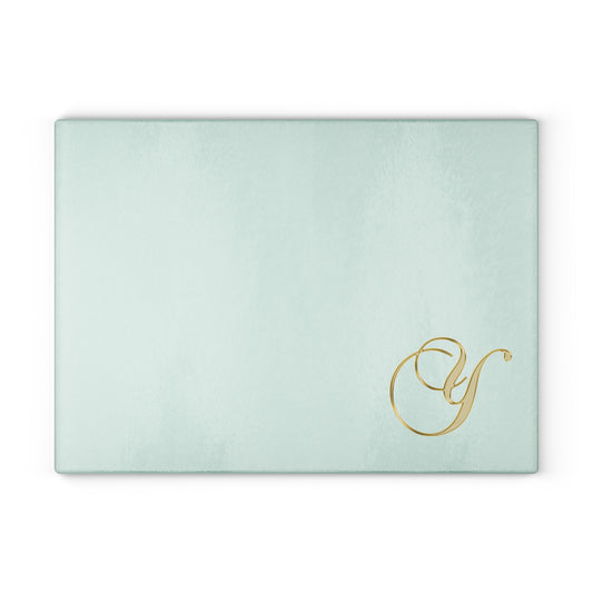 Mint Glass Cutting Board with Gold Monogram Letter 'Y' – Elegant Kitchen Prep Board, Gift for Brides & Housewarmings
