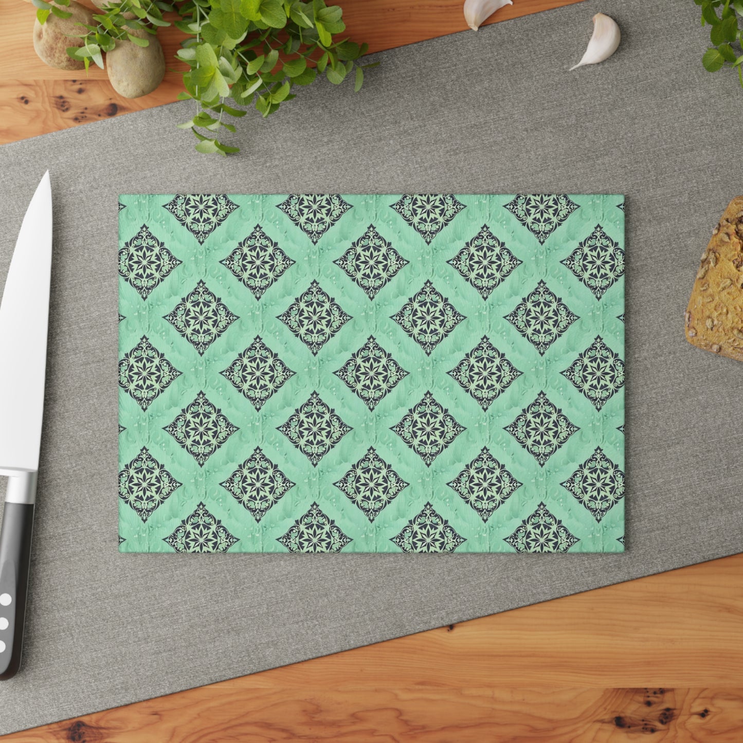 Mint Damask Glass Cutting Board — Decorative Kitchen Chopping Board