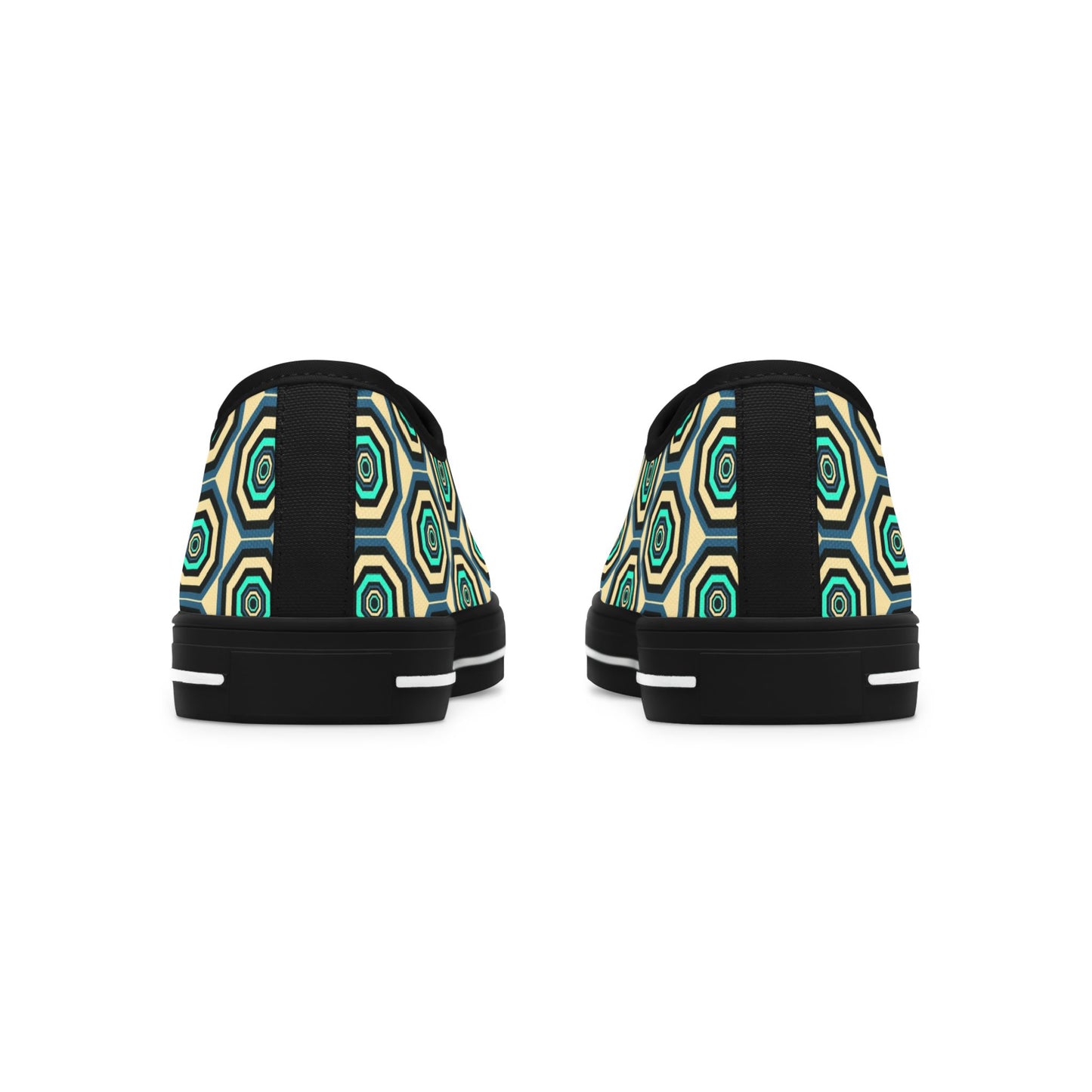 Geometric Retro Hexagon Women's Low Top Sneakers — Green Teal Patterned Canvas Shoes