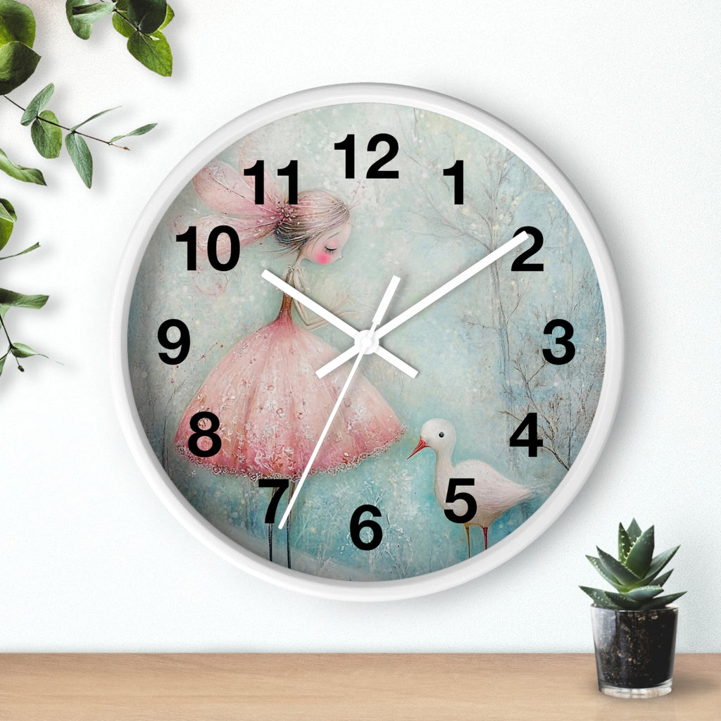Whimsical Girl & Swan Wall Clock — Pastel Nursery Decor