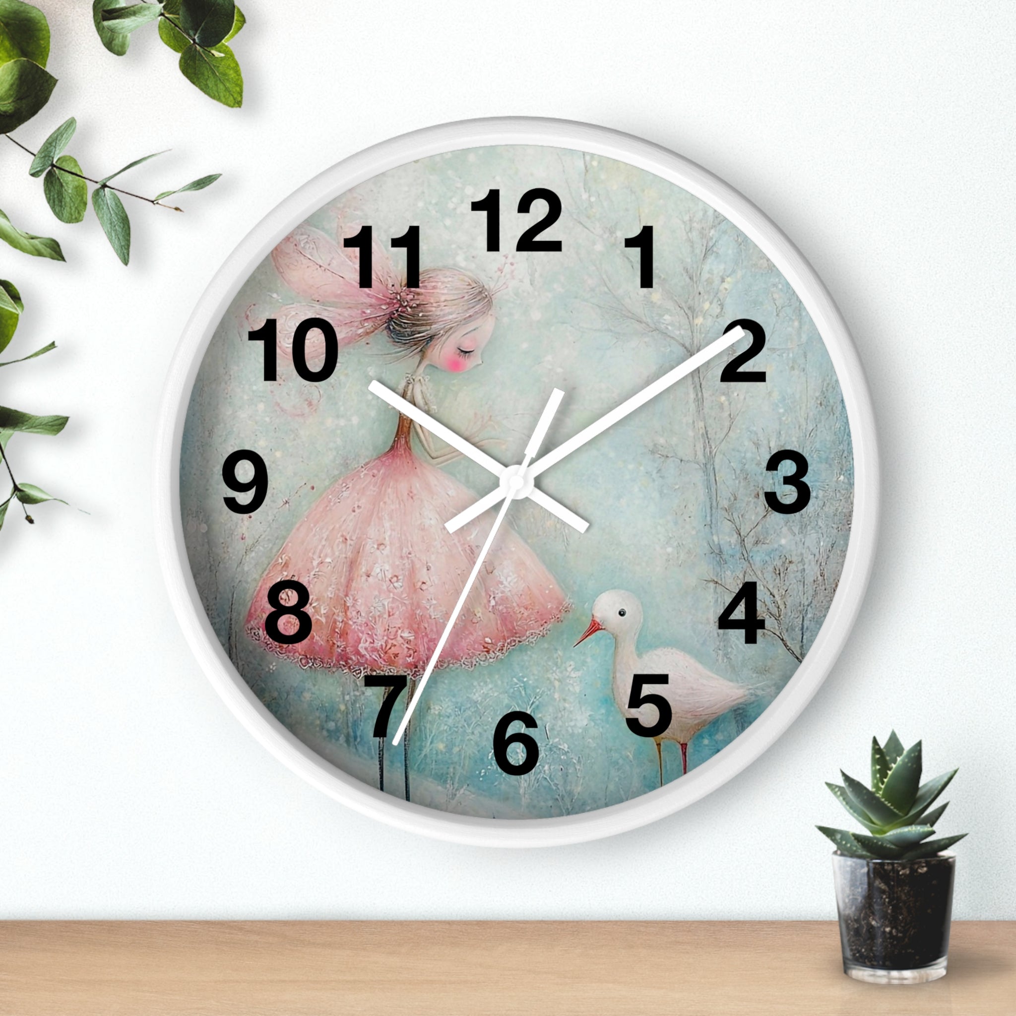 Whimsical Girl & Swan Wall Clock — Pastel Nursery Decor