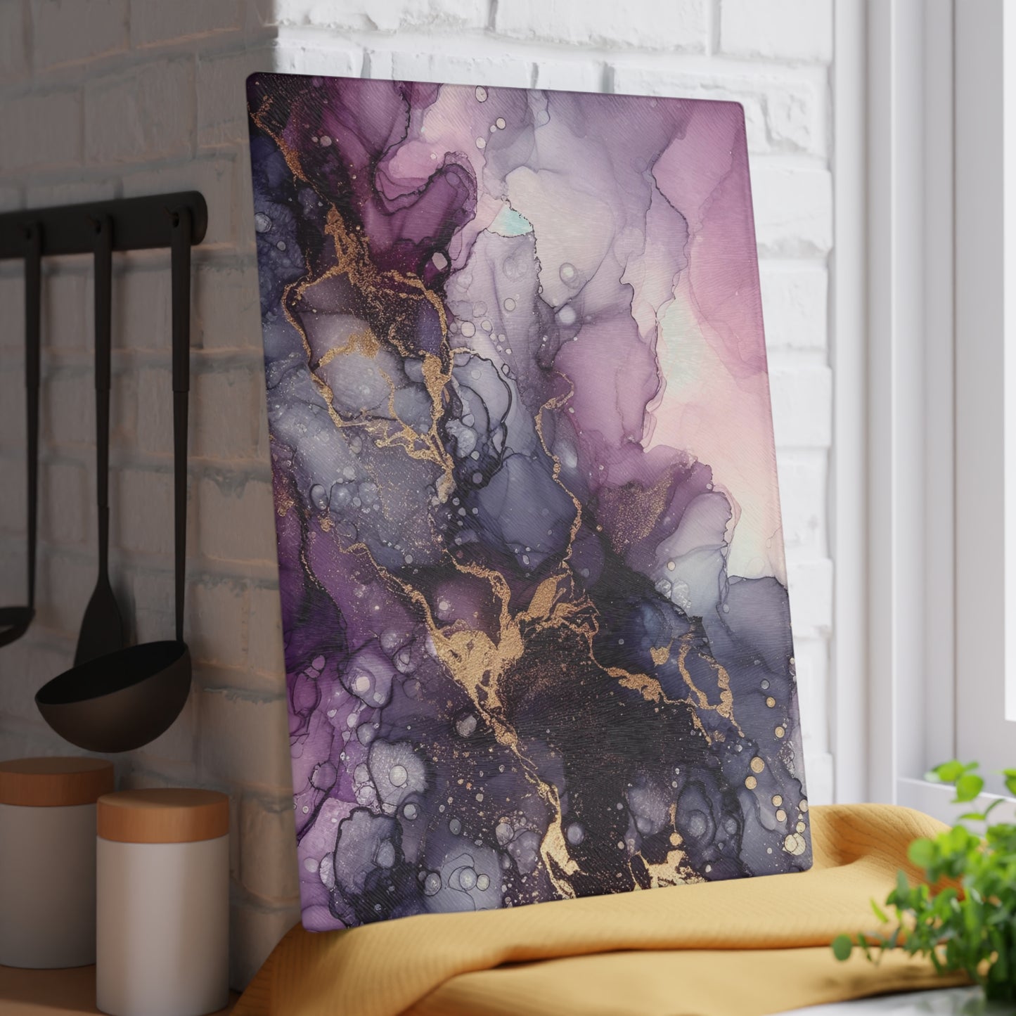Purple Marble Glass Cutting Board – Abstract Gold Vein Kitchen Board