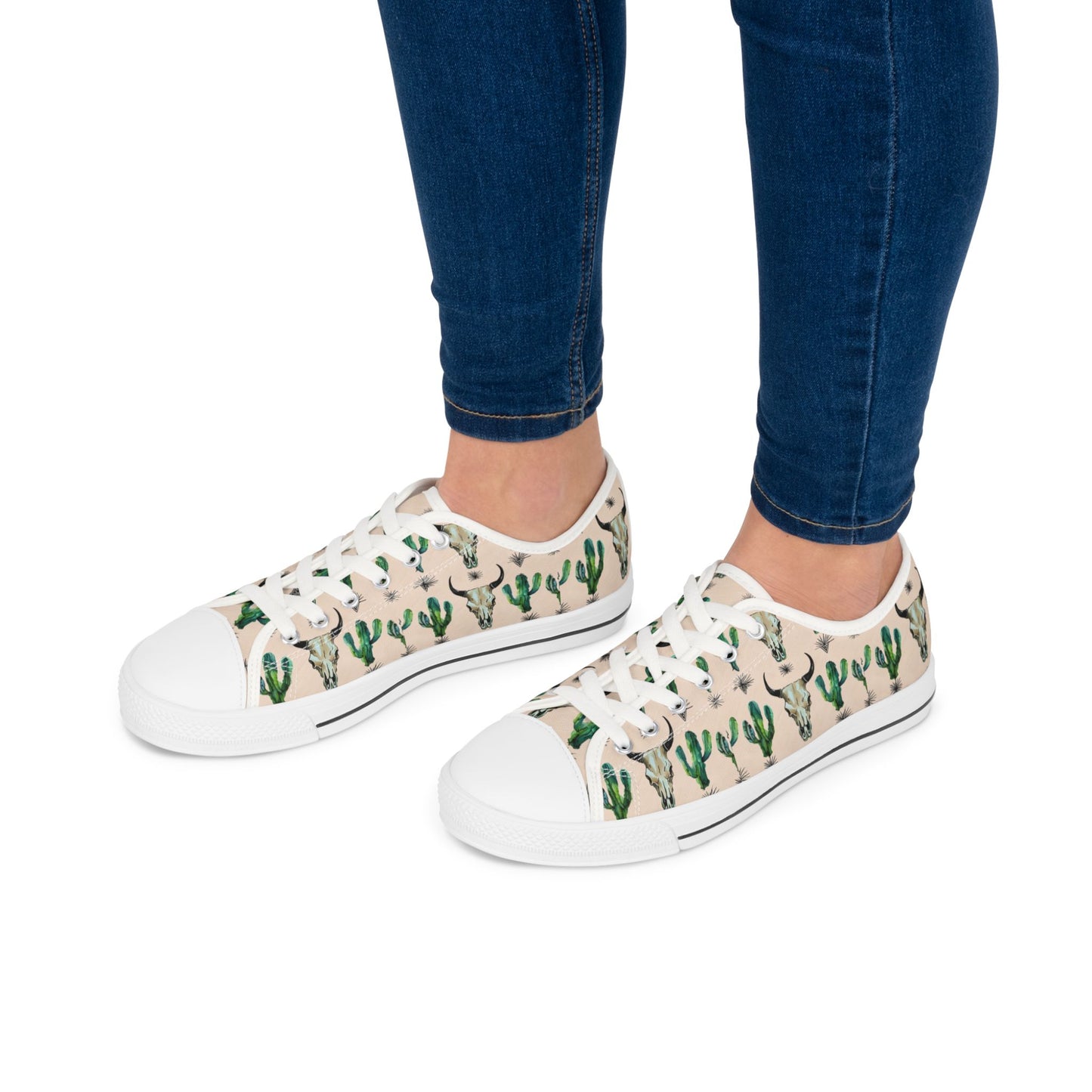 Cow Skull & Cactus Low Top Sneakers — Southwestern Desert Print Casual Shoes