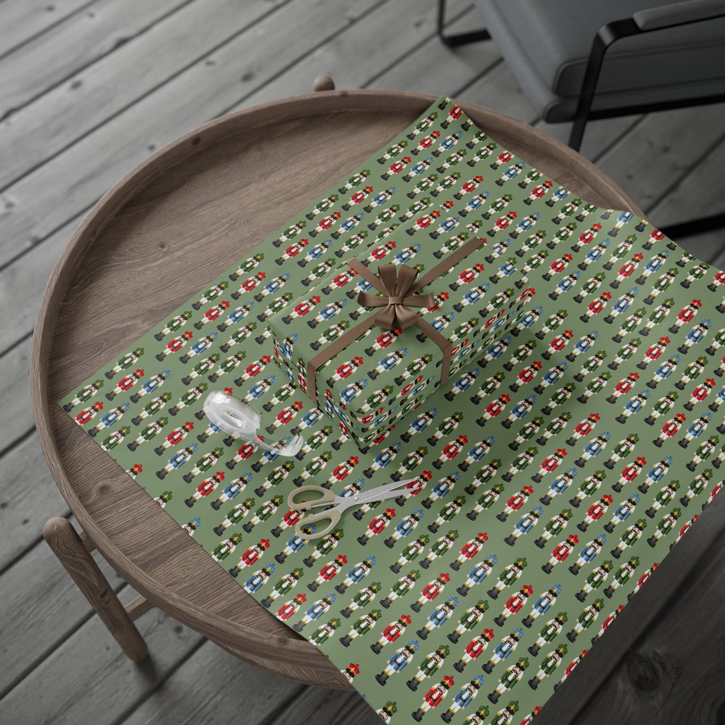 Nutcracker Pattern Wrapping Paper Roll — Festive Green Holiday Gift Wrap